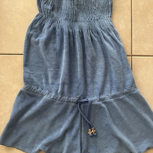 SugarFree women's strapless terry cloth jumpsuit shorts, blue, size M