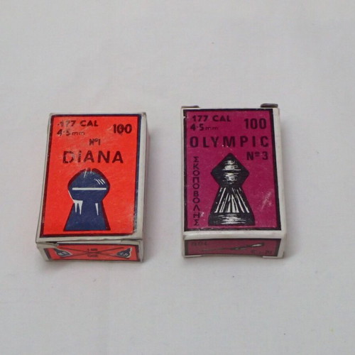 Two vintage DIANA and OLYMPIC 177 cal 4.5 mm shooting pellet boxes new, 100 pcs each
