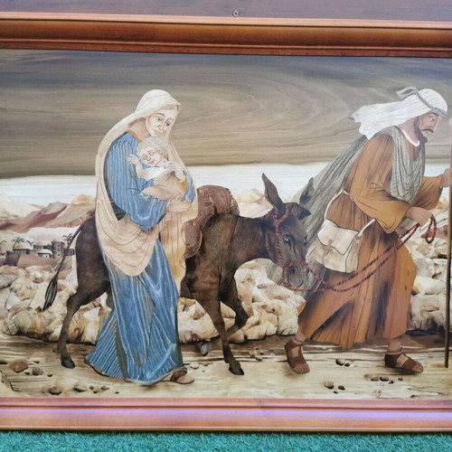 Intarsia woodcarving artwork like new, The Flight into Egypt from 17 woods