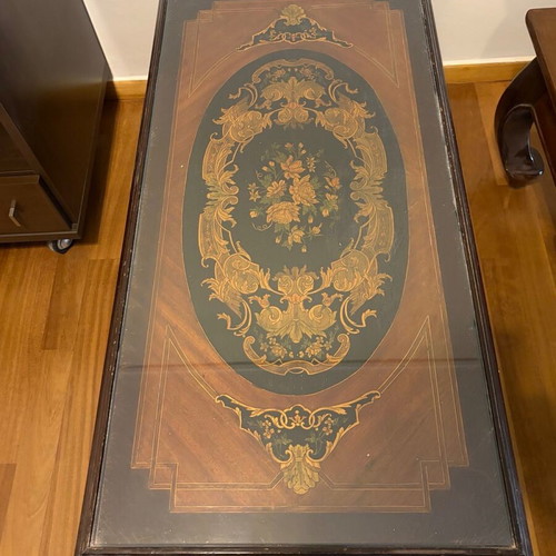 Coffee table with marquetry and glass surface like new