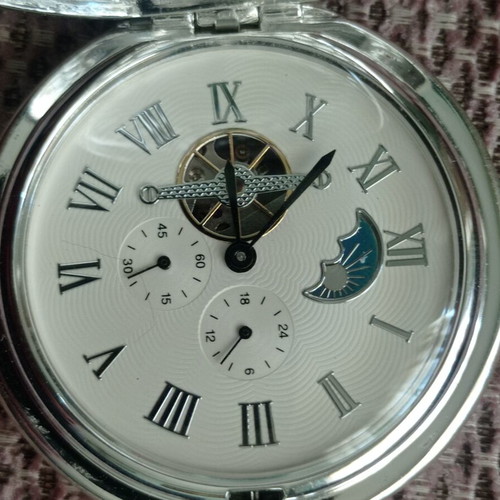 Pocket watch wind-up unused with moon phases silver