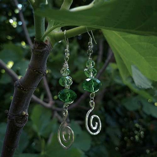 Earrings with green crystals and spiral charms new, silver