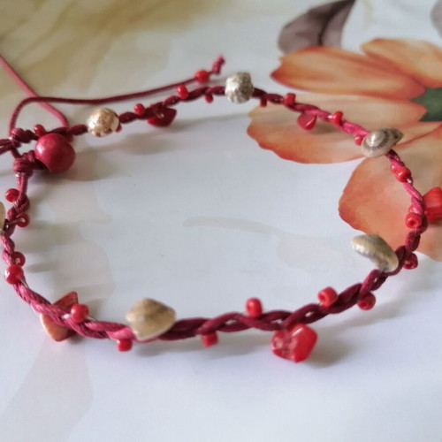 Handmade anklet new with natural corals, shells and red waxed thread