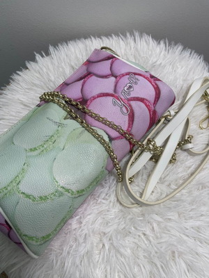 Ynot? handbag with macarons pattern, pink and green
