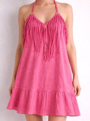 Fuchsia dress with neck tie and fringes used Be You