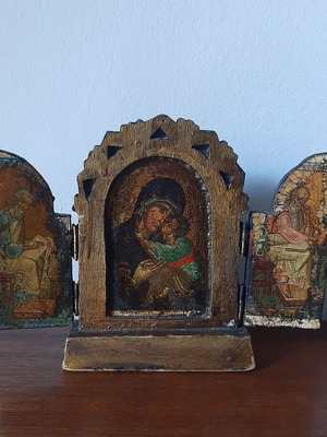 Wooden Triptych Icon used with visible wear