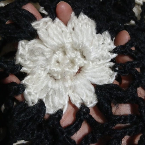 Hand Crochet Poncho with Fringes and White Flowers, Shu Shu