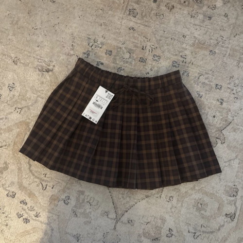 Zara brown plaid pleated mini skirt with elastic tie front waist new