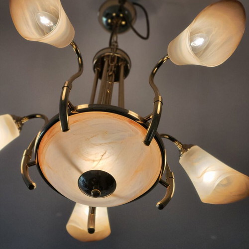 Ceiling chandelier used with handmade glass and bronze