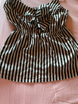 Black and white striped strapless top with ruffles, summer blouse