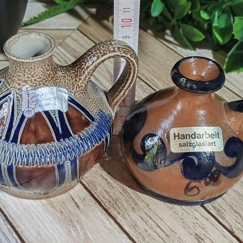 Merkelbach German collector's miniature jugs set of 2, hand-crafted salt glaze