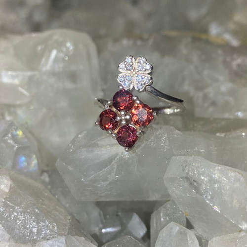 Silver ring with natural red garnet and moissanites, new