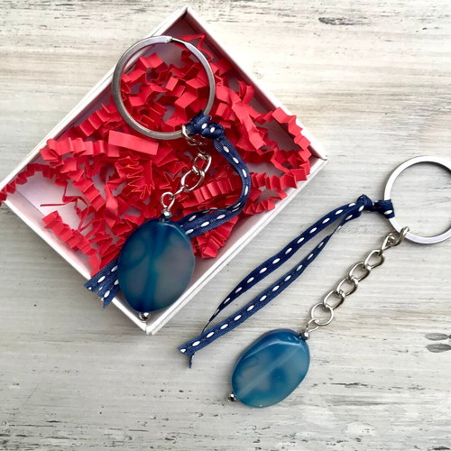 Set of 2 Keychains with Blue Chalcedony Agates and Silver Metal Ring New