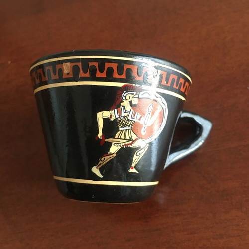 Souvenir coffee cup Ancient Greece used, hand-painted terracotta