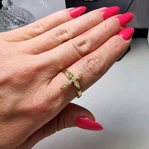 Stainless steel ring with cross and rhinestones gold color, new