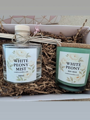 Natural room fragrance and handmade soy candle set 180g with white peony scent