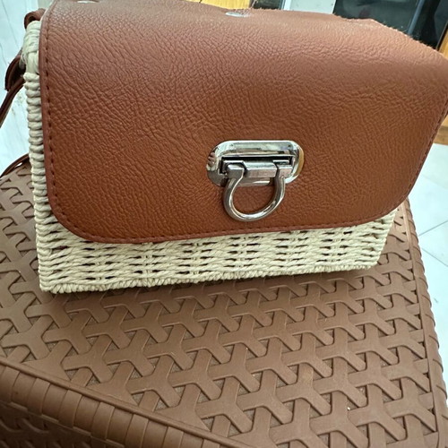 Straw crossbody bag new, tan with silver details