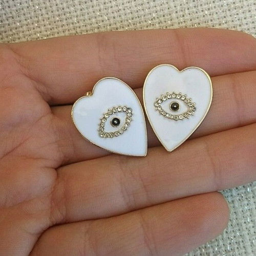Heart stud earrings white with eye new