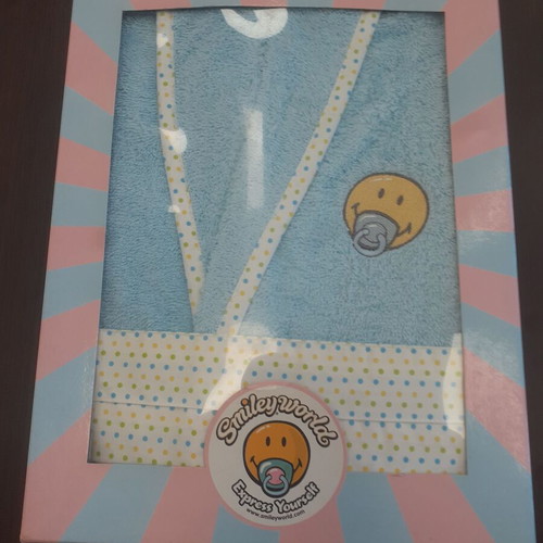 Children's bathrobe with hood new, sky blue with Smileyworld embroidery