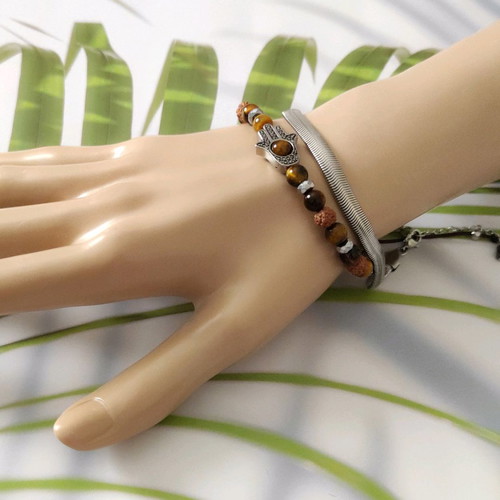 Unisex Hamsa bracelets with semi-precious stones and steel details