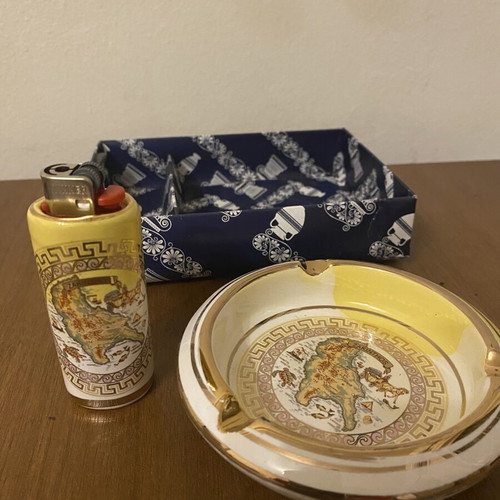 Vintage Zakynthos set with ceramic ashtray and refillable lighter