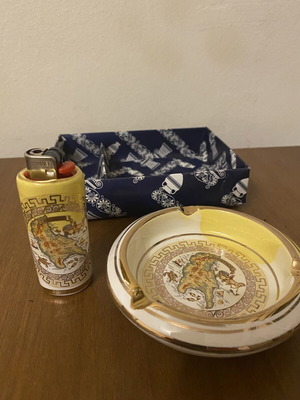 Vintage Zakynthos set with ceramic ashtray and refillable lighter