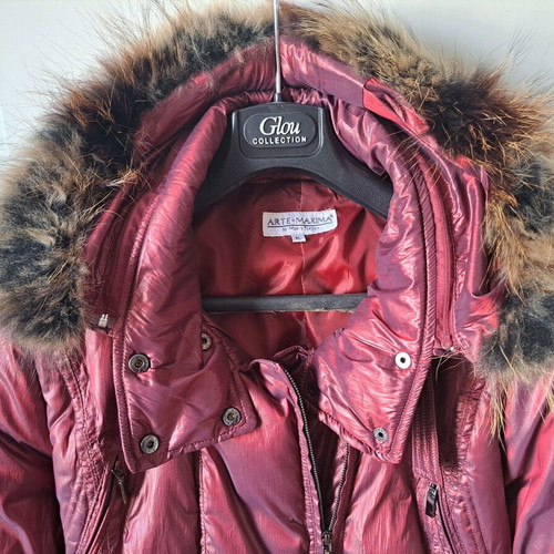 Red metallic jacket used with detachable hood