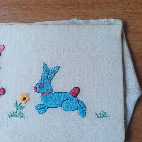 Vintage embroidery with rabbits like new, colorful spring design