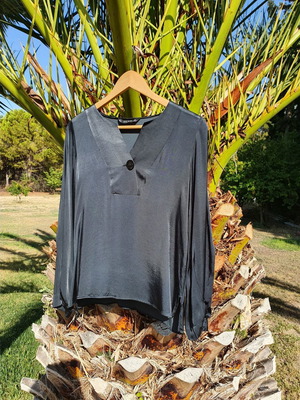 Zara satin blouse with long sleeves like new, dark gray blue, size S