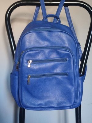 Blue women's backpack like new, PU leather with embossed texture