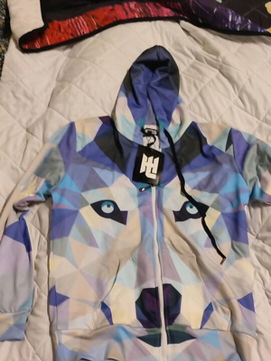 Hoodie with original multicolor geometric wolf design, new, size small unisex