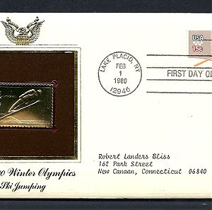 002 USA FDC GOLD STAMP  02-1980 THE WINTER OLYMPICS-SKI JUMPING