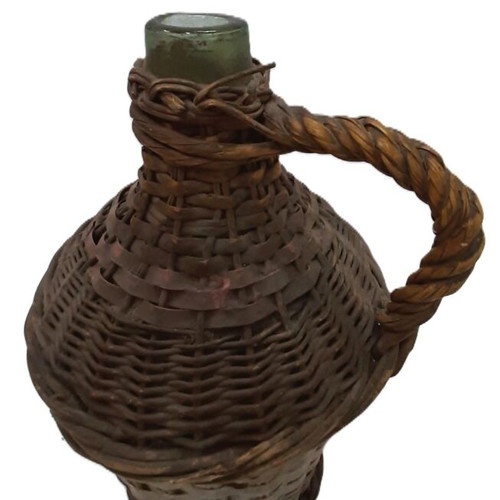 Vintage demijohn 1950s used, glass and rattan, 5 liters