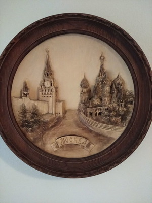 Wooden relief painting handmade Russian round new 33 cm