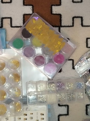 Large nail art set like new with glitter, foil, rhinestones, and decorations