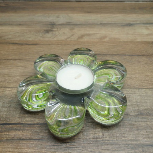 Glass Daisy Tealight Candle Holder like new with green shades