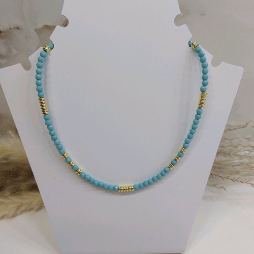 Necklace with semiprecious polygonal agate and hematite stones, steel clasp, new