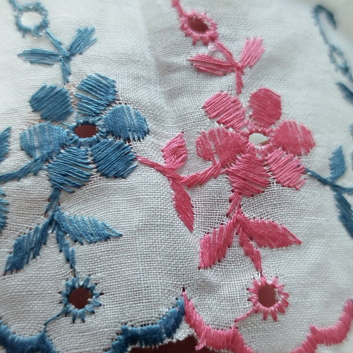 Cotton machine lace with pink and blue flowers