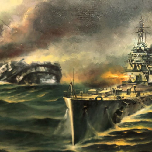 Fotis Kotsinas oil painting used, battle scene of German battleship Bismarck