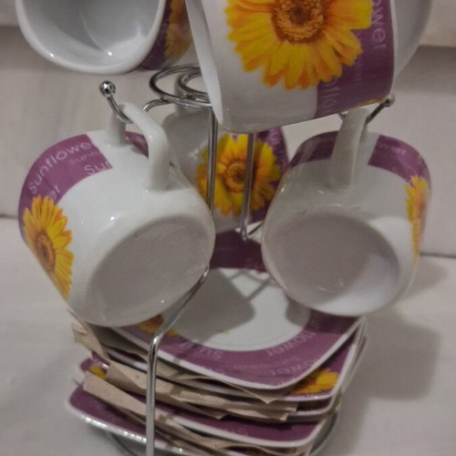 Porcelain coffee cup set with sunflower design, 6 cups and 6 saucers, new