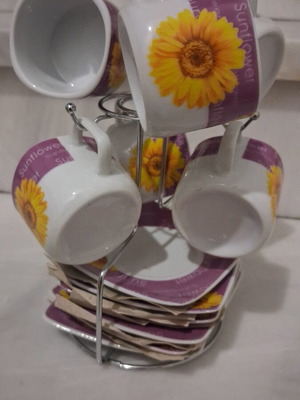 Porcelain coffee cup set with sunflower design, 6 cups and 6 saucers, new