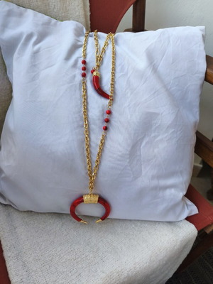 Long double pendant necklace new, pink gold and red