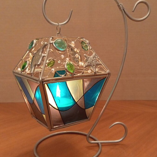 Vintage Handmade Tiffany Style Stained Glass Lantern with Nautical Theme and Base
