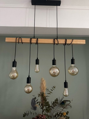 Industrial κρεμαστό φωτιστικό με ξύλινη δοκό και 6 Edison λαμπτήρες σαν καινούργιο