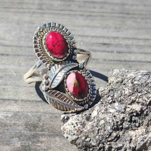 Silver ring with Red Rose Dahlia composite stone, new