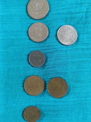 Franc coins from France used, pack of 7 pieces