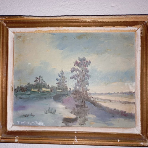 Retro landscape oil painting used, impressionist style with river and trees