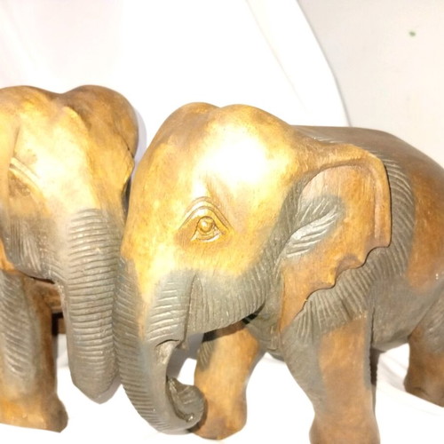 Pair of vintage handmade elephants used, solid dark wood