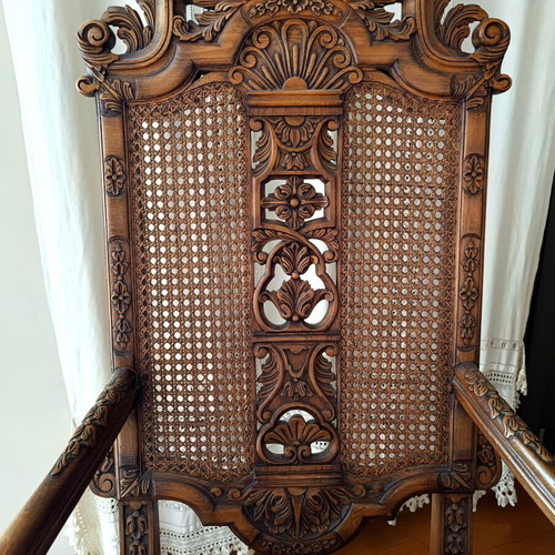 Vintage wooden armchair baroque style used, cane back, velvet seat