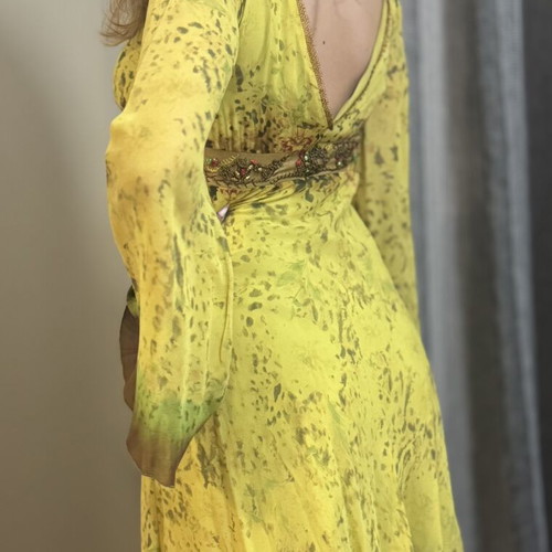 Silk Midi Dress Cinema by Panos Zinas like new, green and yellow